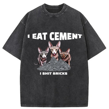 Personality fashion I Eat Cement Cursed Cat Meme Washed T-Shirt