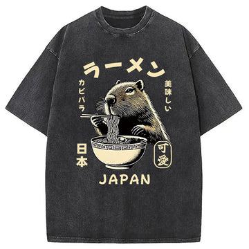 Personality fashion Retro Capybara Eating Ramen Japanese Washed T-Shirt