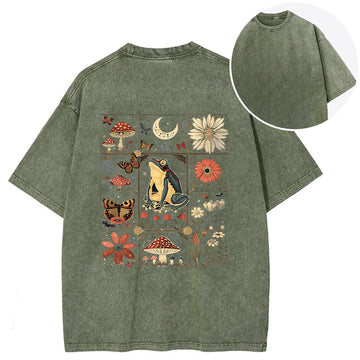 Personality fashion Celestial Frog Goblincore Mushroom Back Washed T-Shirt