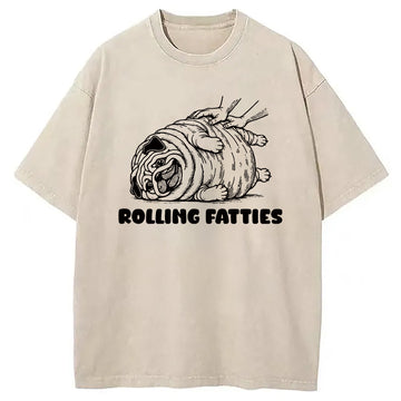 Personality fashion Rolling Fatties Dog Funny Pug Meme Washed T-Shirt