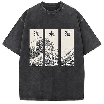 Personality fashion Japanese Art Wave Washed T-Shirt