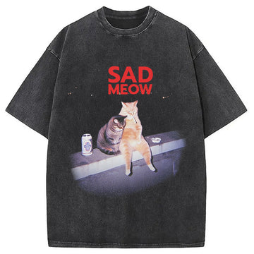 Personality fashion Sad Meow Smoking Cat Washed T-Shirt