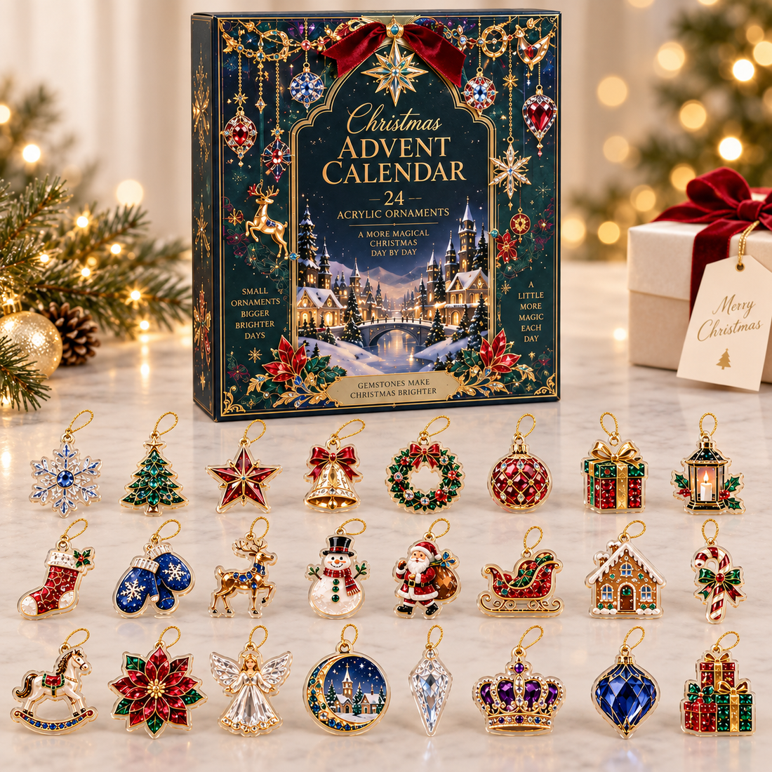 2026 Christmas Advent Calendar With 24 Acrylic Ornaments Jewel Inspired Holiday Countdown Calendar 24 Days Of Christmas Mini Keepsake Decorations Festive Gift For Kids Adults Families