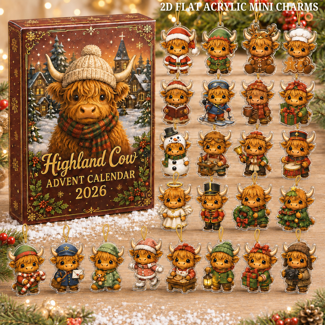 2026 Highland Cow Advent Calendar 24 Christmas Acrylic Charms Farmhouse Holiday Decor