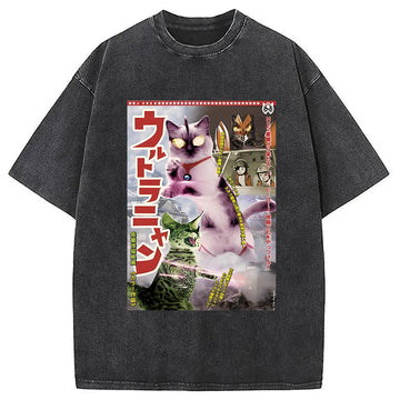 Personality fashion Monster Cat Washed T-Shirt