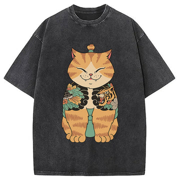 Personality fashion Cat Sumo Washed T-Shirt