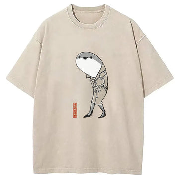 Personality fashion Weirdcore Cute Fossil Fish Washed T-Shirt
