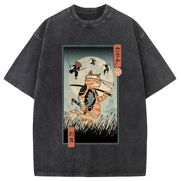 Personality fashion Catana the Last Warrior Ukiyo-e Washed T-Shirt