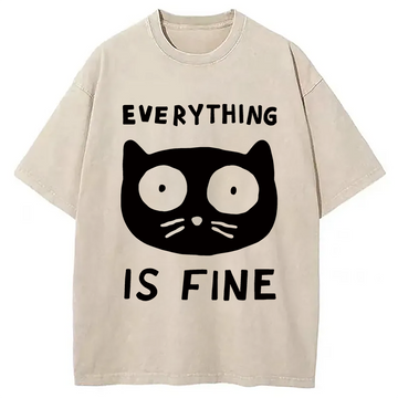 Personality fashion Everything Is Fine Cat Washed T-Shirt