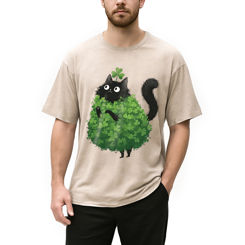 Personality fashion St. Patrick's Day Decorated Cat Washed T-Shirt