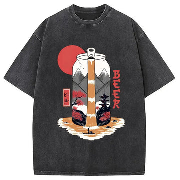 Personality fashion Japanese Retro Beer Landscape Washed T-Shirt