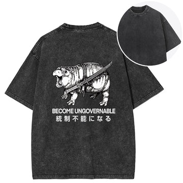 Personality fashion Moo Deng Carrying A Samurai Sword Back Washed T-Shirt