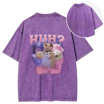 Personality fashion Pink Funny Meme Huh Cat Back Washed T-Shirt