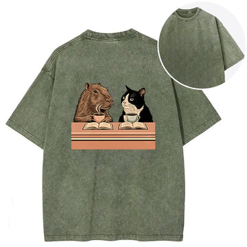Personality fashion Capybara And Cat Talk Back Washed T-Shirt