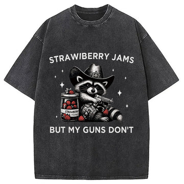 Personality fashion Strawberry Jams Funny Raccoon Cowboy Washed T-Shirt