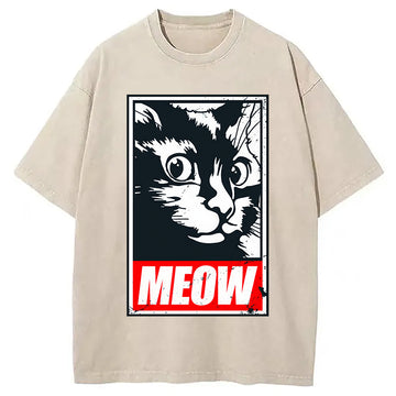 Personality fashion Funny Cute Kitty Cat Meow Meme Washed T-Shirt