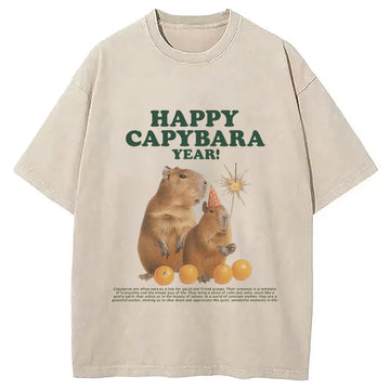 Personality fashion Happy Capybara Year Washed T-Shirt