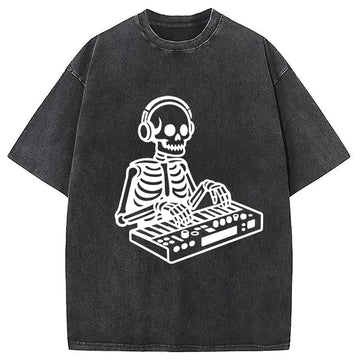 Personality fashion Skeleton Playing The Music Washed T-Shirt
