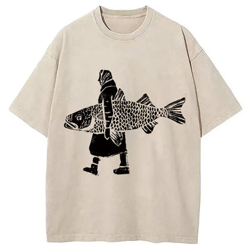 Personality fashion A Man Holds A Fish Washed T-Shirt