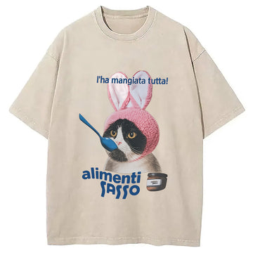 Personality fashion Pretend To Be A Bunny Kitten Washed T-Shirt