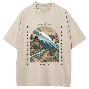 Personality fashion Retro Japan Culture Bird Washed T-Shirt