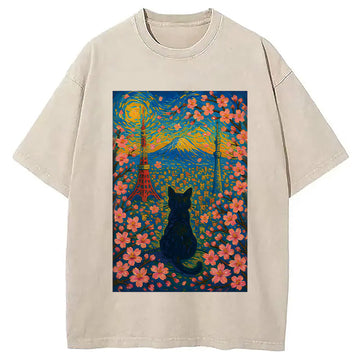 Personality fashion Black Cat in Tokyo City Washed T-Shirt