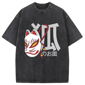 Personality fashion Kitsune Japanese Washed T-Shirt
