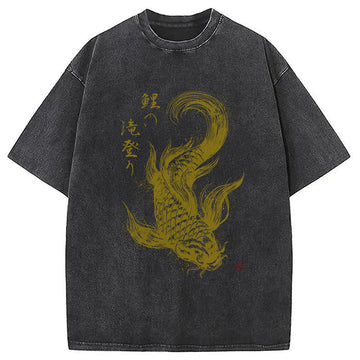 Personality fashion Koi Carp Japanese Calligraphy Washed T-Shirt