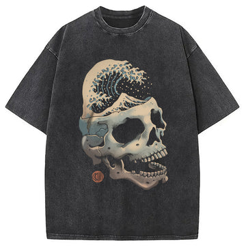 Personality fashion Skull Wave Washed T-Shirt