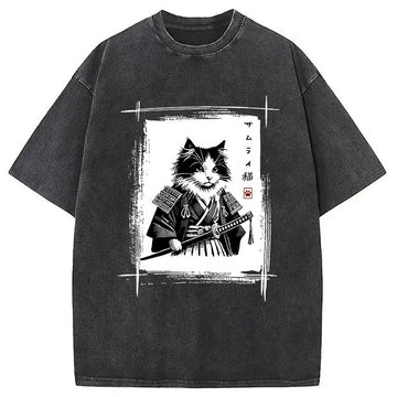 Personality fashion Tuxedo Samurai Cat Washed T-Shirt