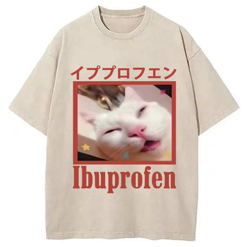 Personality fashion Ibuprofen Meme Cat Washed T-Shirt