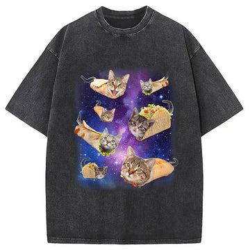 Personality fashion Burrito Cat and Taco Cat Space Galaxy Meme Washed T-Shirt