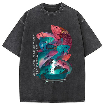 Personality fashion Japanese Ukiyoe Fish Vintage Poster Washed T-Shirt
