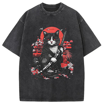 Personality fashion Samurai Cat Washed T-Shirt