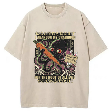 Personality fashion Japanese Octopus Horror Washed T-Shirt