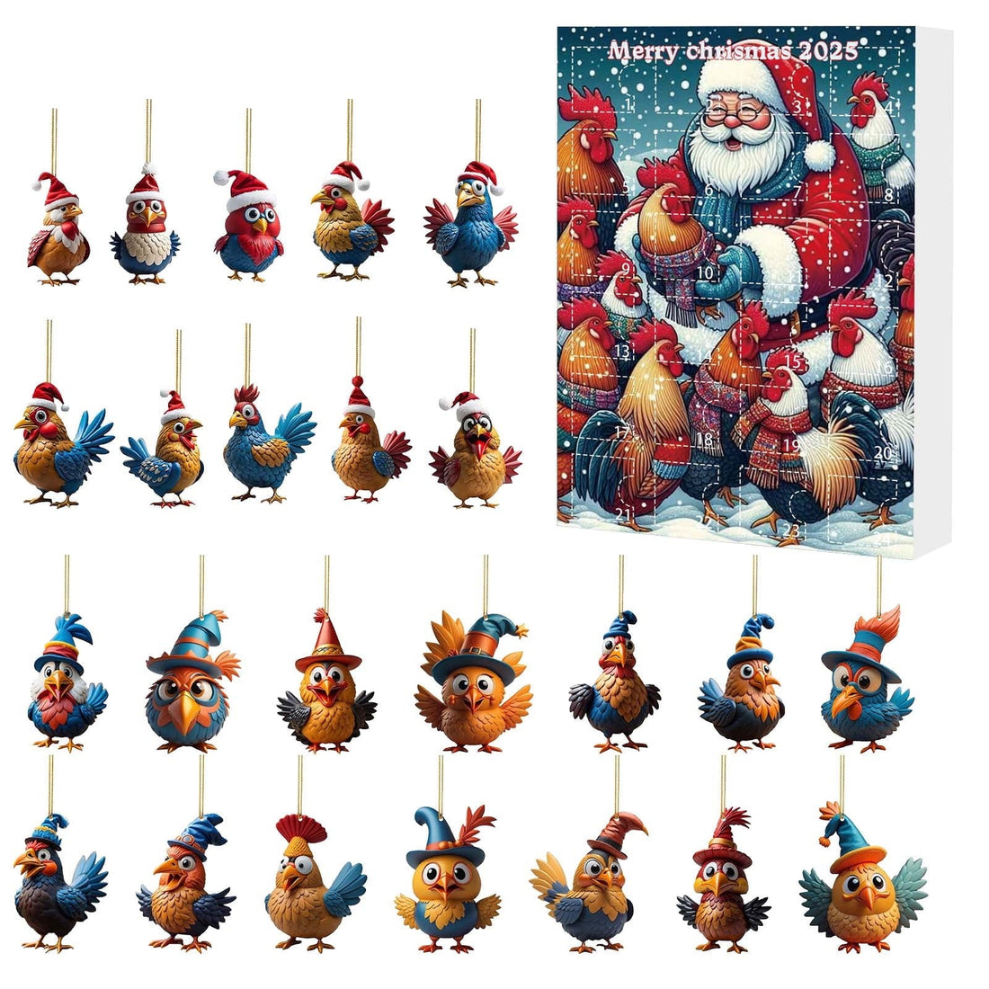 24 Days Christmas Advent Calendar 2025 With 24 Santa Hat Chicken Ornamentsunique Holiday Home Decordaily Xmas Tree Countdown Decorfun Chickens Theme Gift For Adults Kids