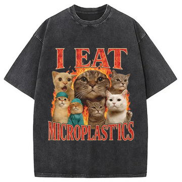 Personality fashion I Eat Microplastics Funny Cat Washed T-Shirt