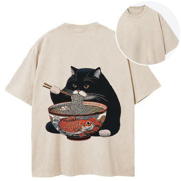 Personality fashion Fat Cat Eating Ramen Back Washed T-Shirt
