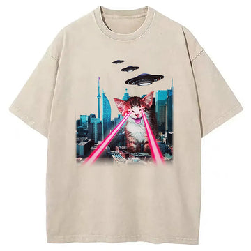 Personality fashion Laser Cat Funny Washed T-Shirt