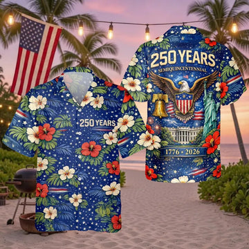 250 Years America Hawaii Shirt, Patriotic Hibiscus Floral Aloha Shirt, 1776-2026 USA Birthday Button Down, 4th of July Tropical Men Top
