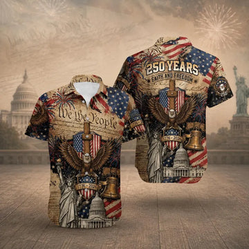 250 Years Faith and Freedom Hawaiian Shirt, Patriotic Eagle USA Button Up, America 1776 2026 Anniversary Shirt Gift