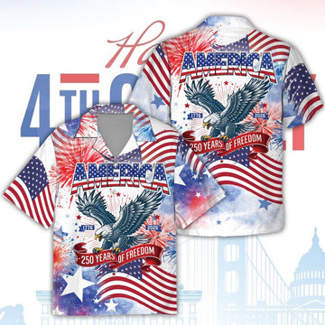 250 Years Of Freedom America Hawaiian Shirt, USA Eagle 4th Of July Button Up Shirt, Patriotic Gift For Veteran, Independence Day Aloha Shirt