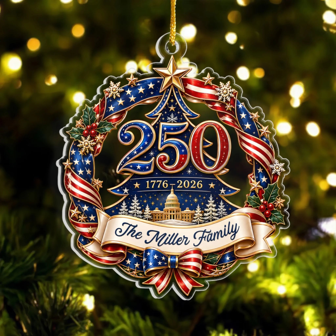 250 Years Strong Forever Proud Personalized Ornament Custom Family Name Patriotic Christmas Decoration 1776 2026 Keepsake Gift