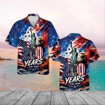 250 Years USA Hawaiian Shirt, Patriotic 4th of July Aloha Shirt, Statue of Liberty Bald Eagle Button Up, America Birthday 1776-2026 Gift