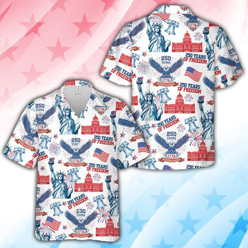 250 Years of Freedom America Hawaiian Shirt, 4th Of July Button Up Shirt, USA Flag Eagle Liberty Bell Patriotic Shirt Independence Day Shirt
