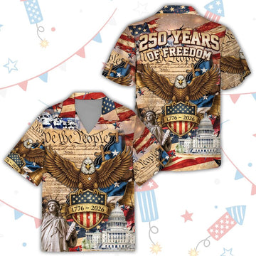 250 Years of Freedom America Hawaiian Shirt, USA Eagle 4th Of July Button Up Shirt, Red White & Blue Patriotic Shirt Independence Day Outfit