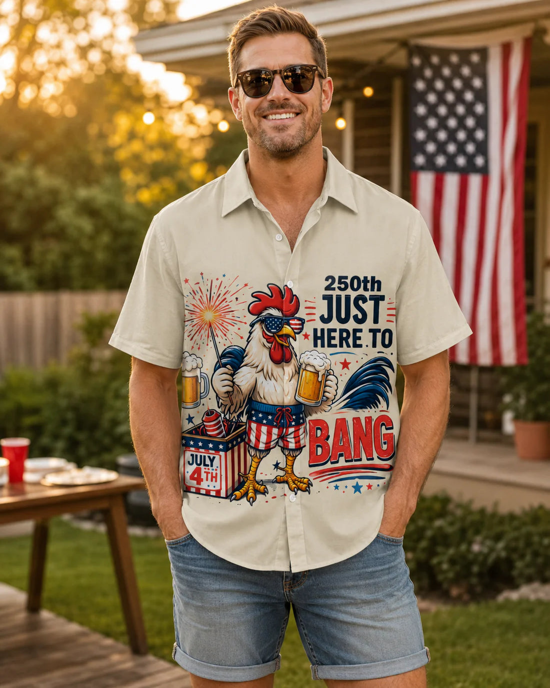 250th Anniversary Rooster Hawaiian Shirt - Just Here To Bang Funny 4th of July Patriotic Chicken Beer Shirt for Men Women