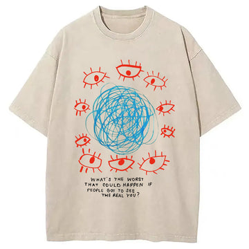 Personality fashion Artistic Geometric Eyes Washed T-Shirt