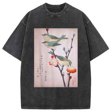 Personality fashion Japanese Art Birds on Cherry Blossom Washed T-Shirt