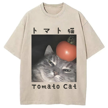 Personality fashion Tomato Cat Washed T-Shirt